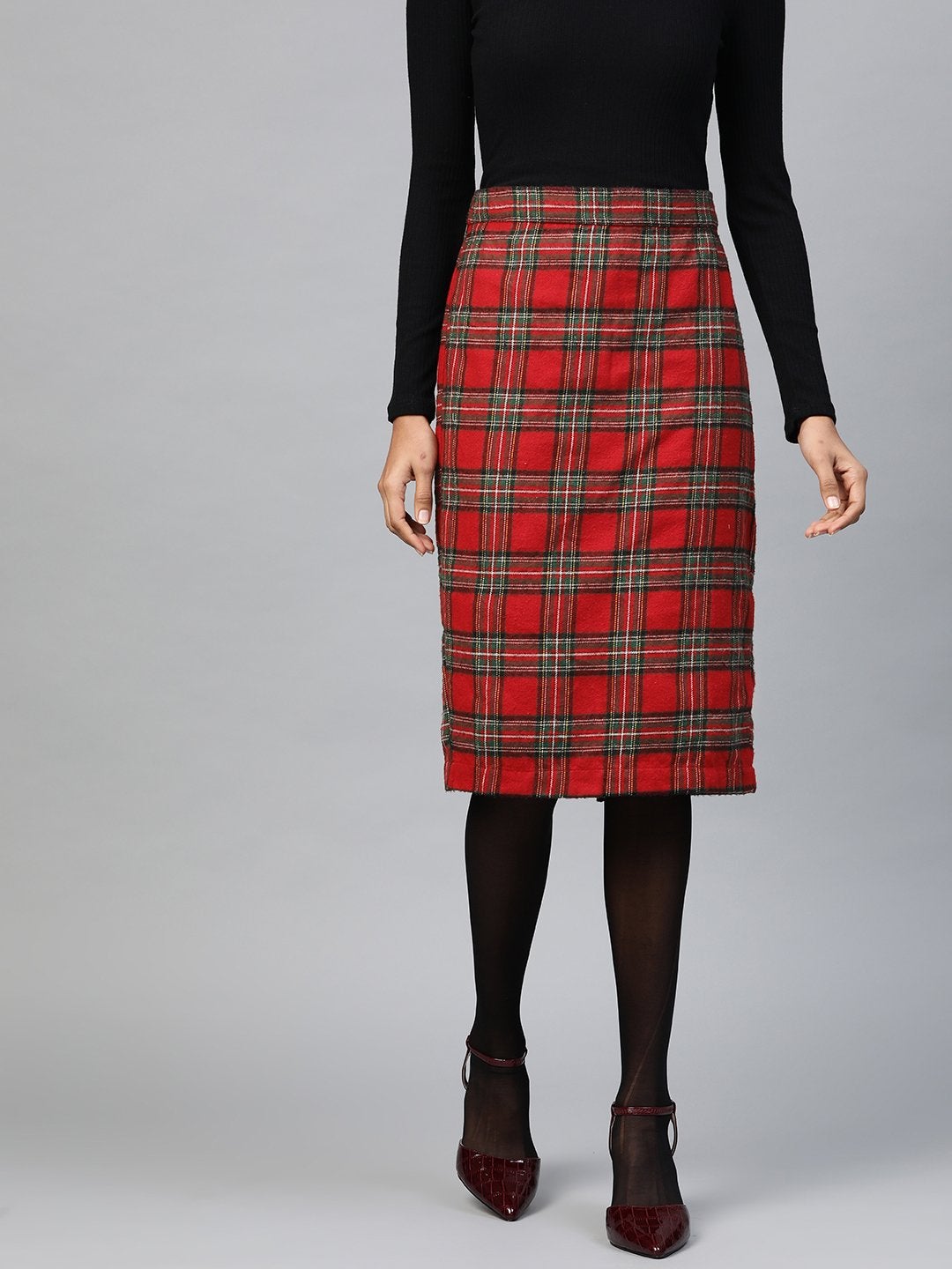 Women's Red Check Pencil Skirt - SASSAFRAS