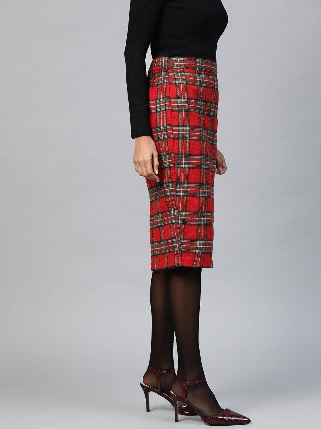 Women's Red Check Pencil Skirt - SASSAFRAS