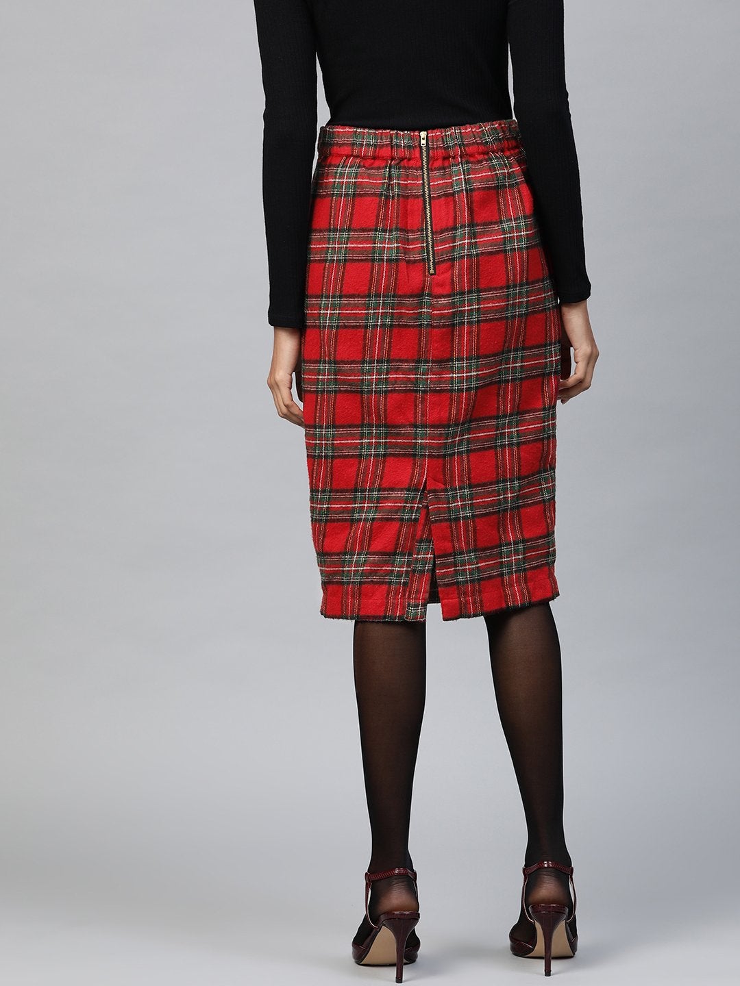 Women's Red Check Pencil Skirt - SASSAFRAS