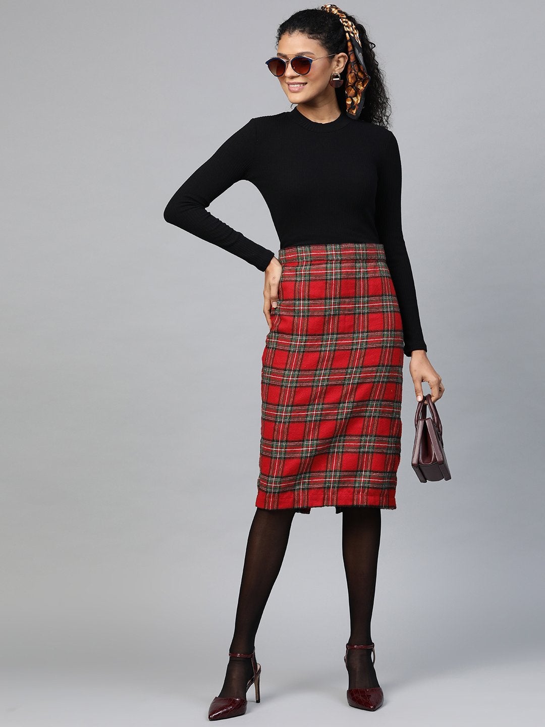 Women's Red Check Pencil Skirt - SASSAFRAS