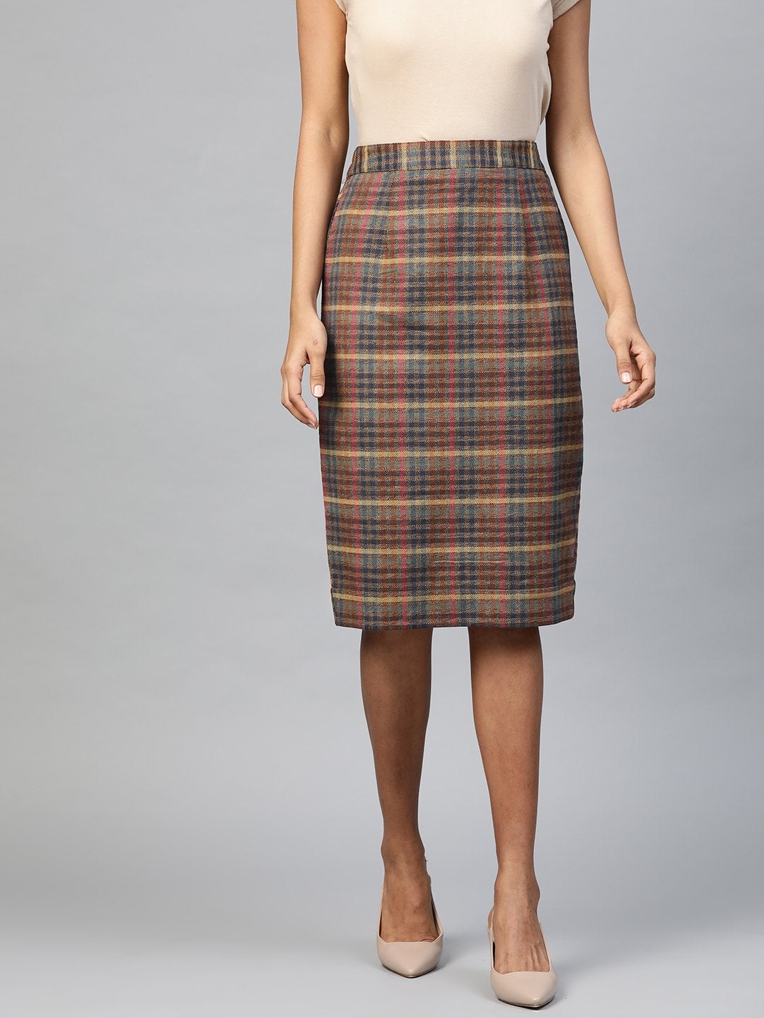 Women's Multicolor Jacquard Check Pencil Skirt - SASSAFRAS