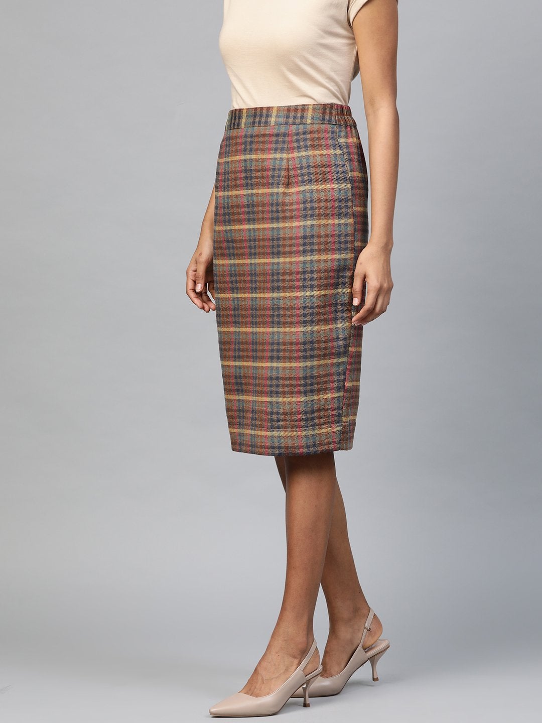 Women's Multicolor Jacquard Check Pencil Skirt - SASSAFRAS