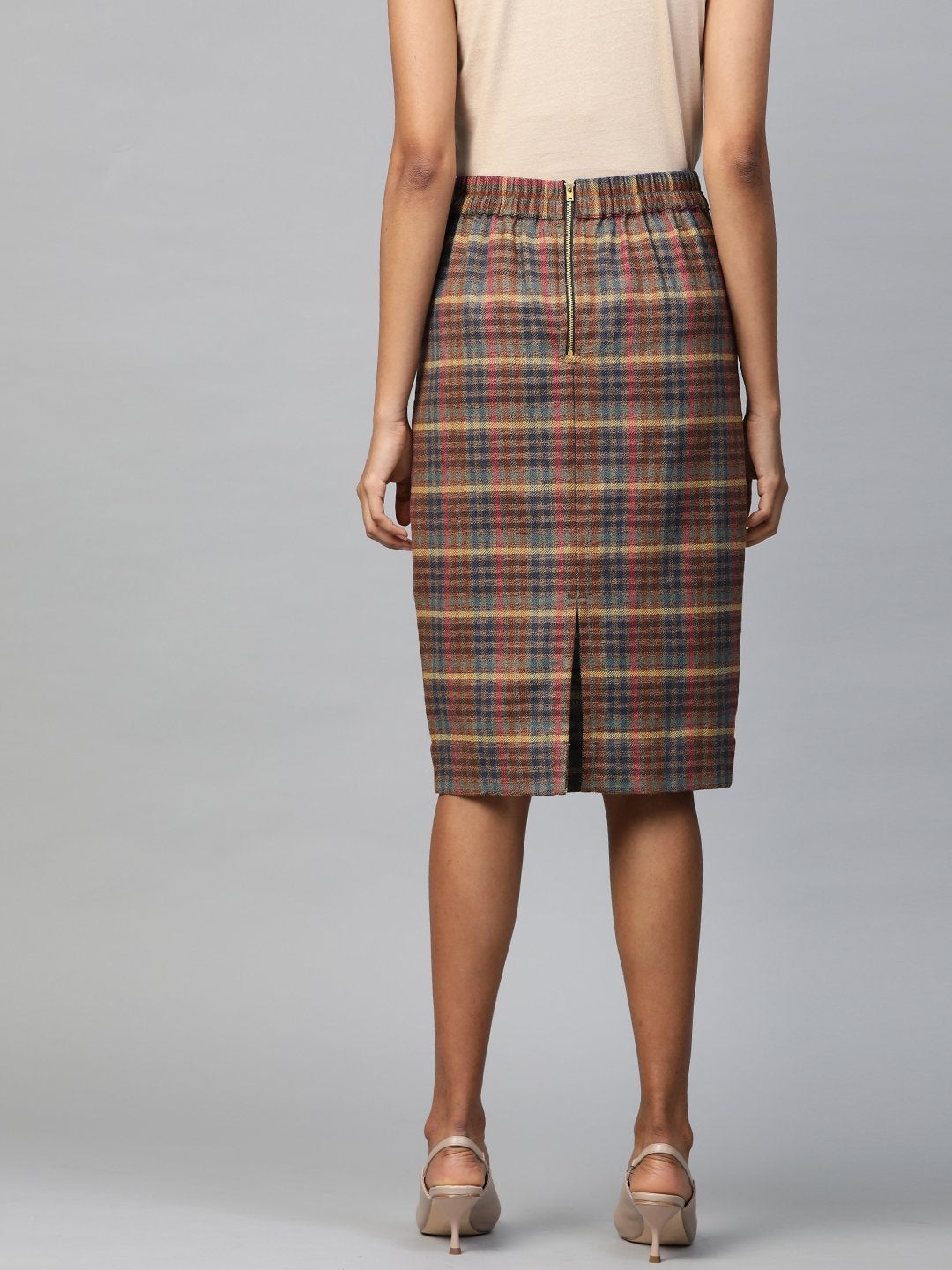 Women's Multicolor Jacquard Check Pencil Skirt - SASSAFRAS