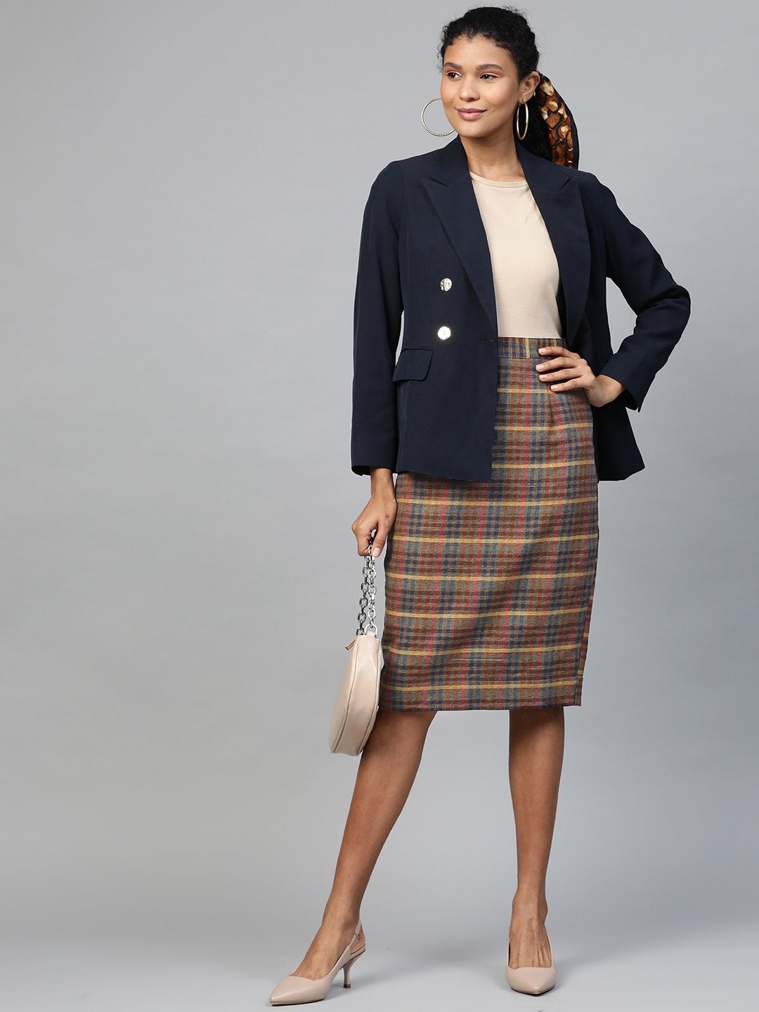 Women's Multicolor Jacquard Check Pencil Skirt - SASSAFRAS