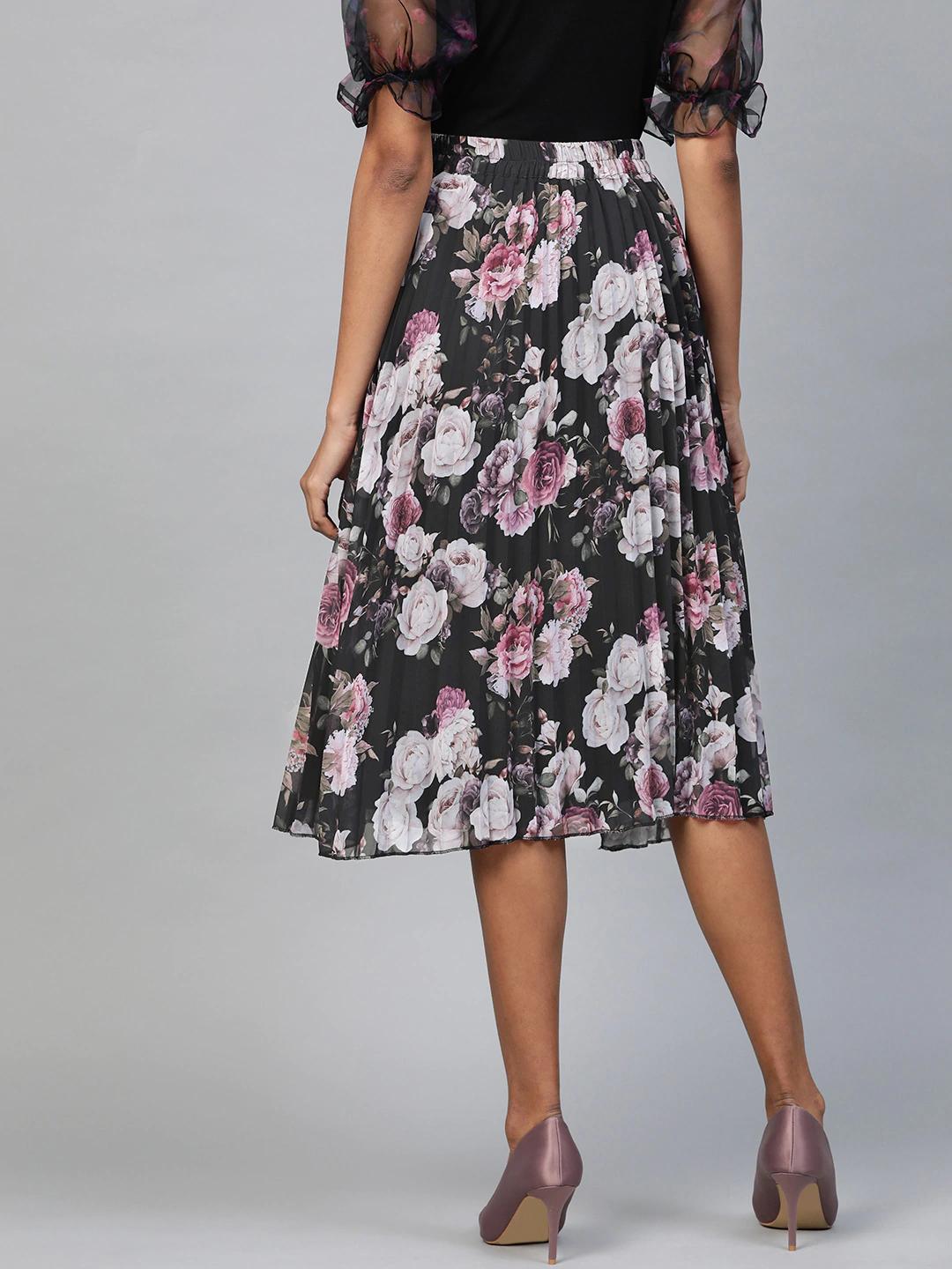 Women's Black Floral Pleated Skirt - SASSAFRAS