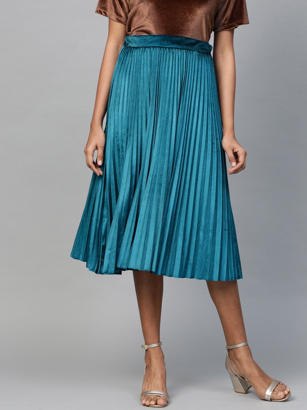 Women's Teal Velvet Pleated Midi Skirt - SASSAFRAS