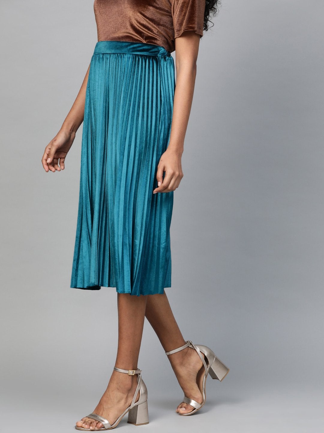 Women's Teal Velvet Pleated Midi Skirt - SASSAFRAS