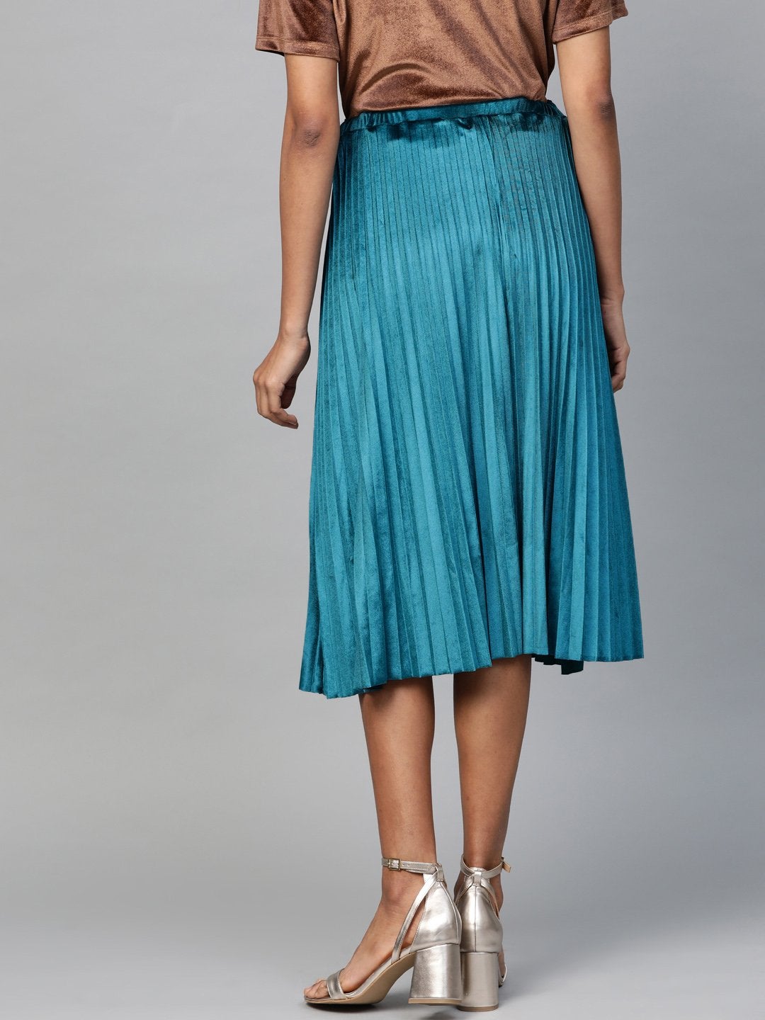 Women's Teal Velvet Pleated Midi Skirt - SASSAFRAS