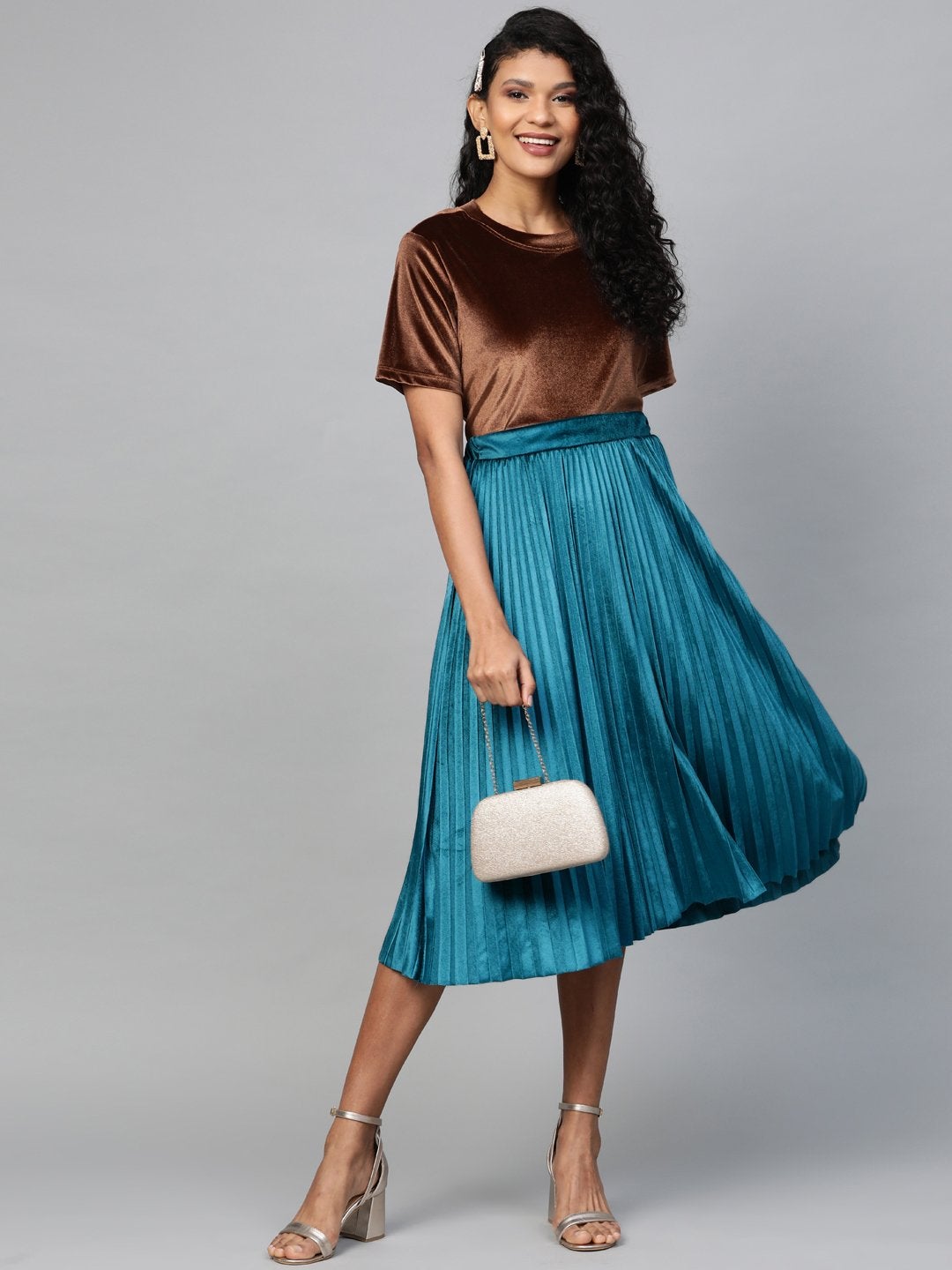 Women's Teal Velvet Pleated Midi Skirt - SASSAFRAS