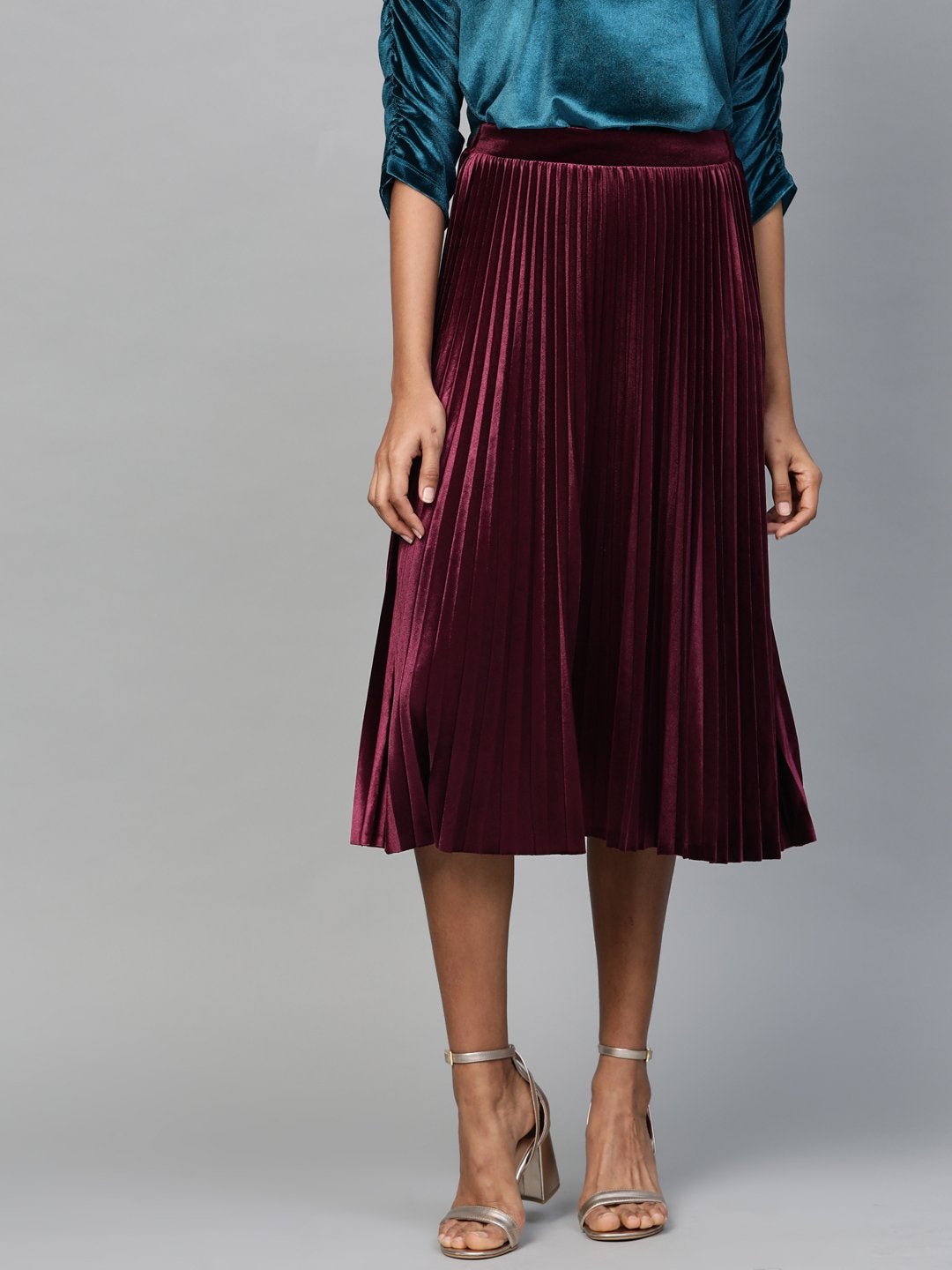 Women's Burgundy Velvet Pleated Midi Skirt - SASSAFRAS