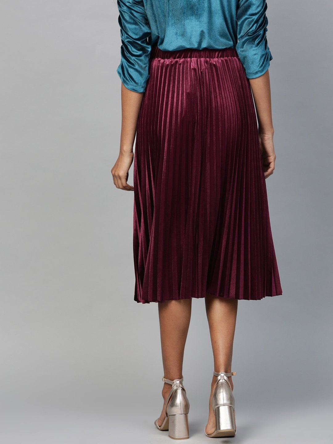 Women's Burgundy Velvet Pleated Midi Skirt - SASSAFRAS