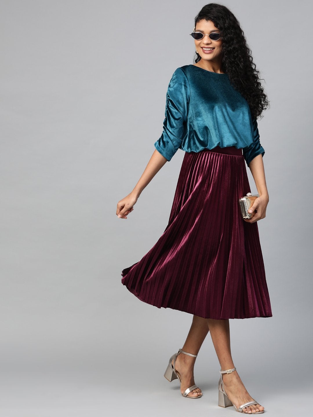 Women's Burgundy Velvet Pleated Midi Skirt - SASSAFRAS