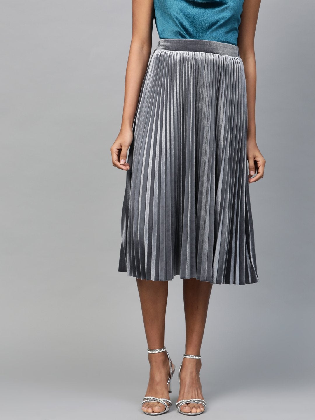 Women's Grey Velvet Pleated Midi Skirt - SASSAFRAS