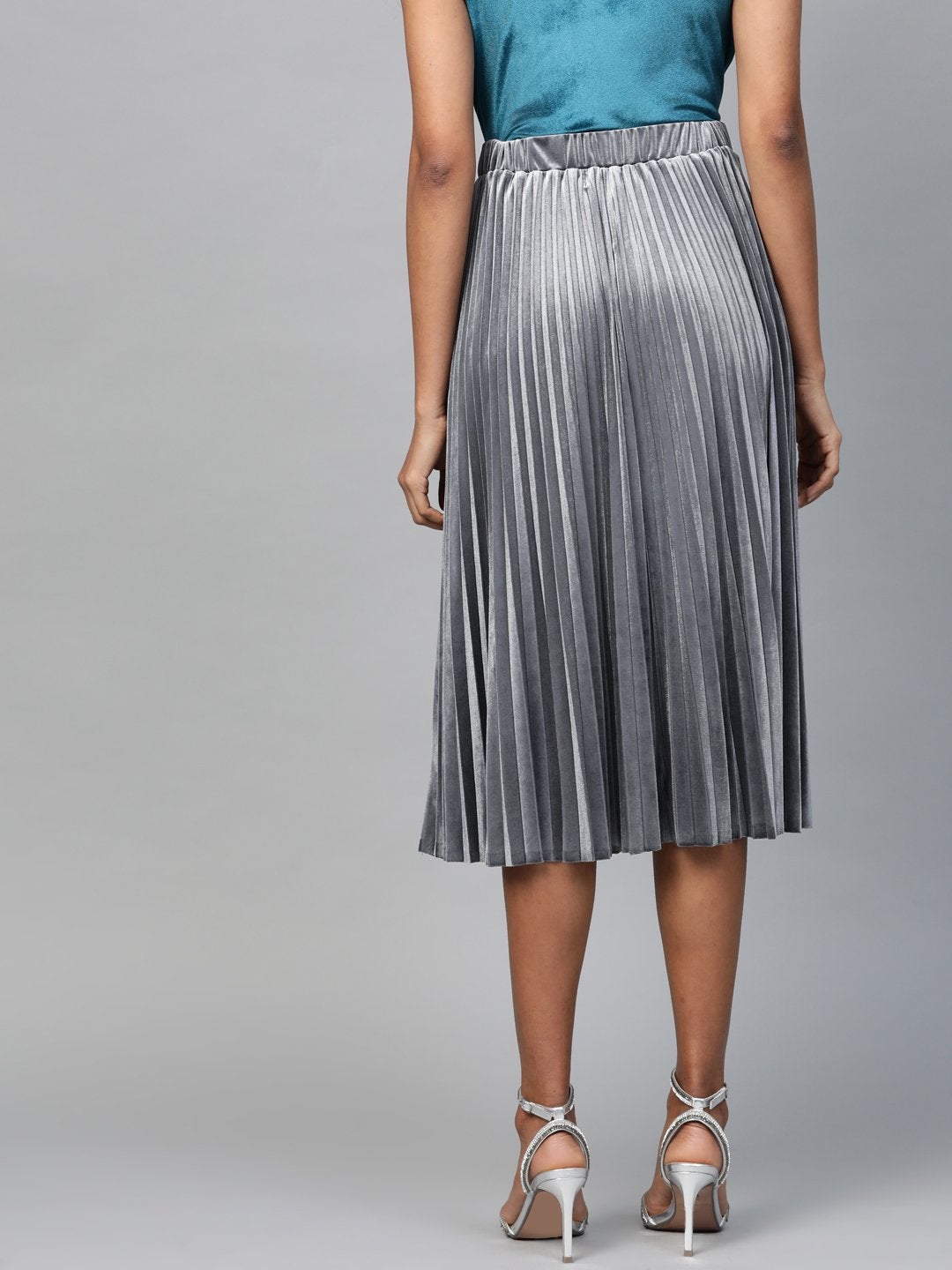 Women's Grey Velvet Pleated Midi Skirt - SASSAFRAS