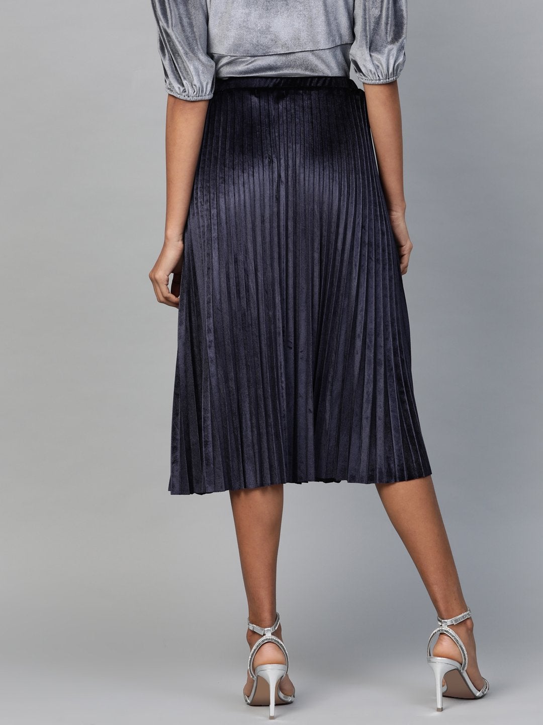 Women's Navy Velvet Pleated Midi Skirt - SASSAFRAS