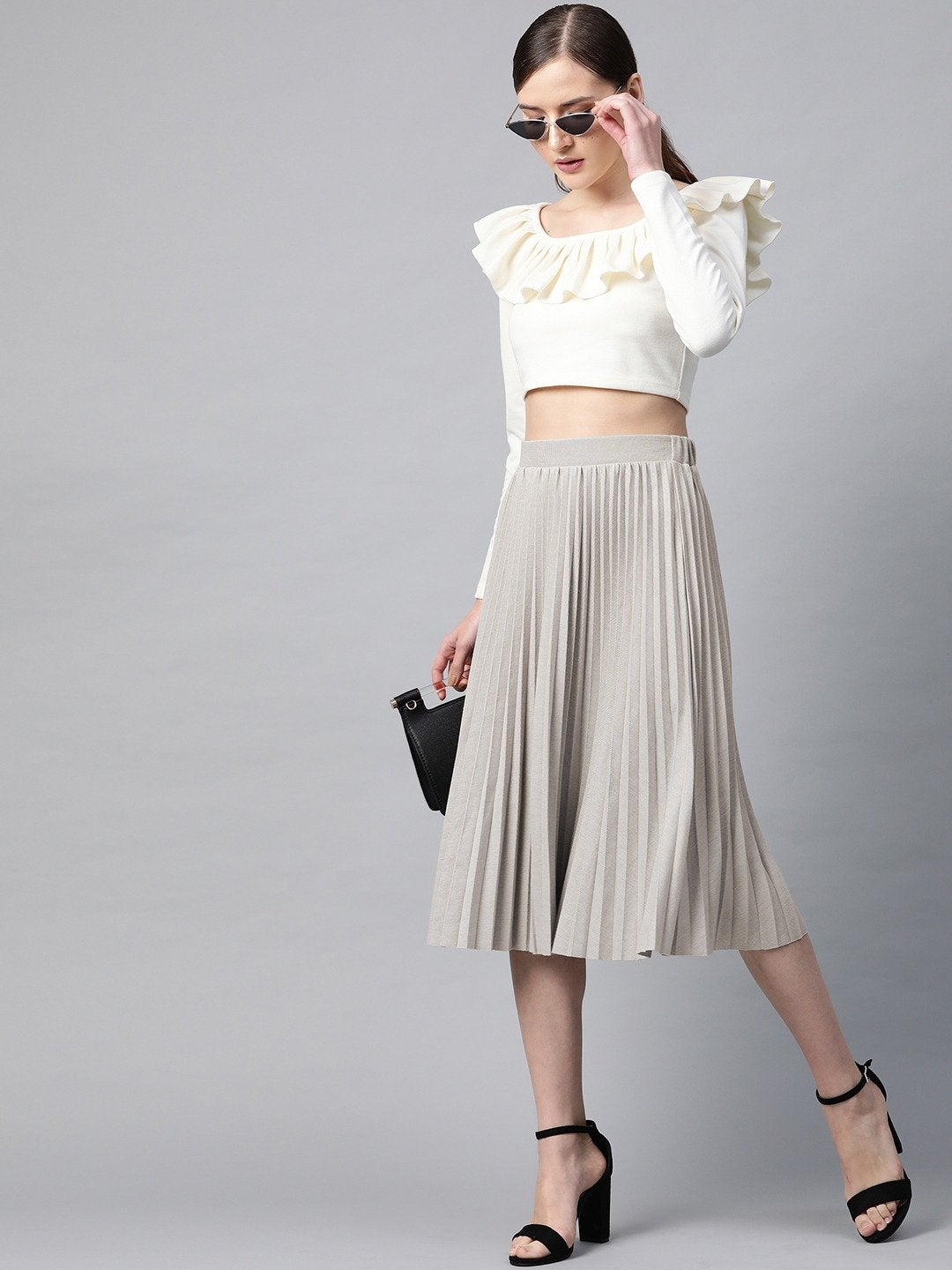 Women's Grey Rib Pleated Skirt - SASSAFRAS