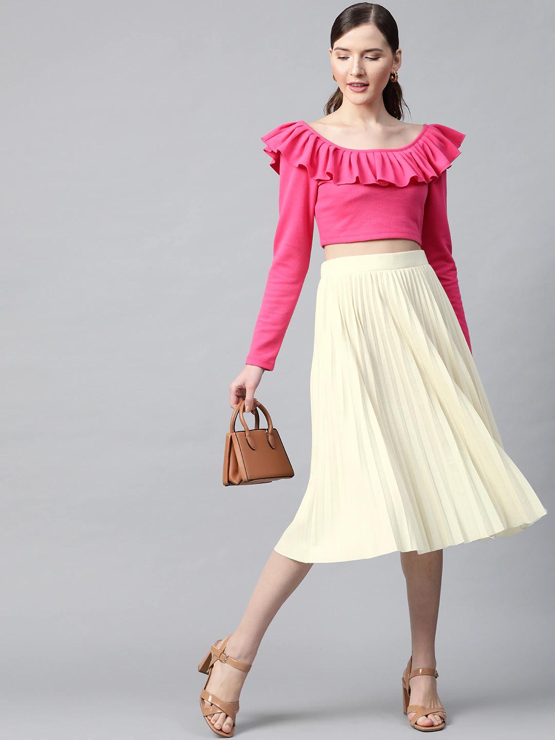 Women's Off White Rib Pleated Skirt - SASSAFRAS