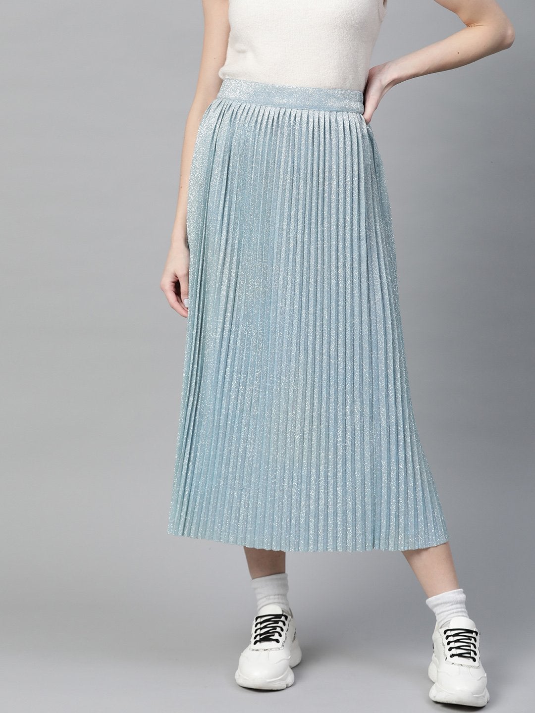 Women's Blue Lurex Pleated Midi Skirt - SASSAFRAS