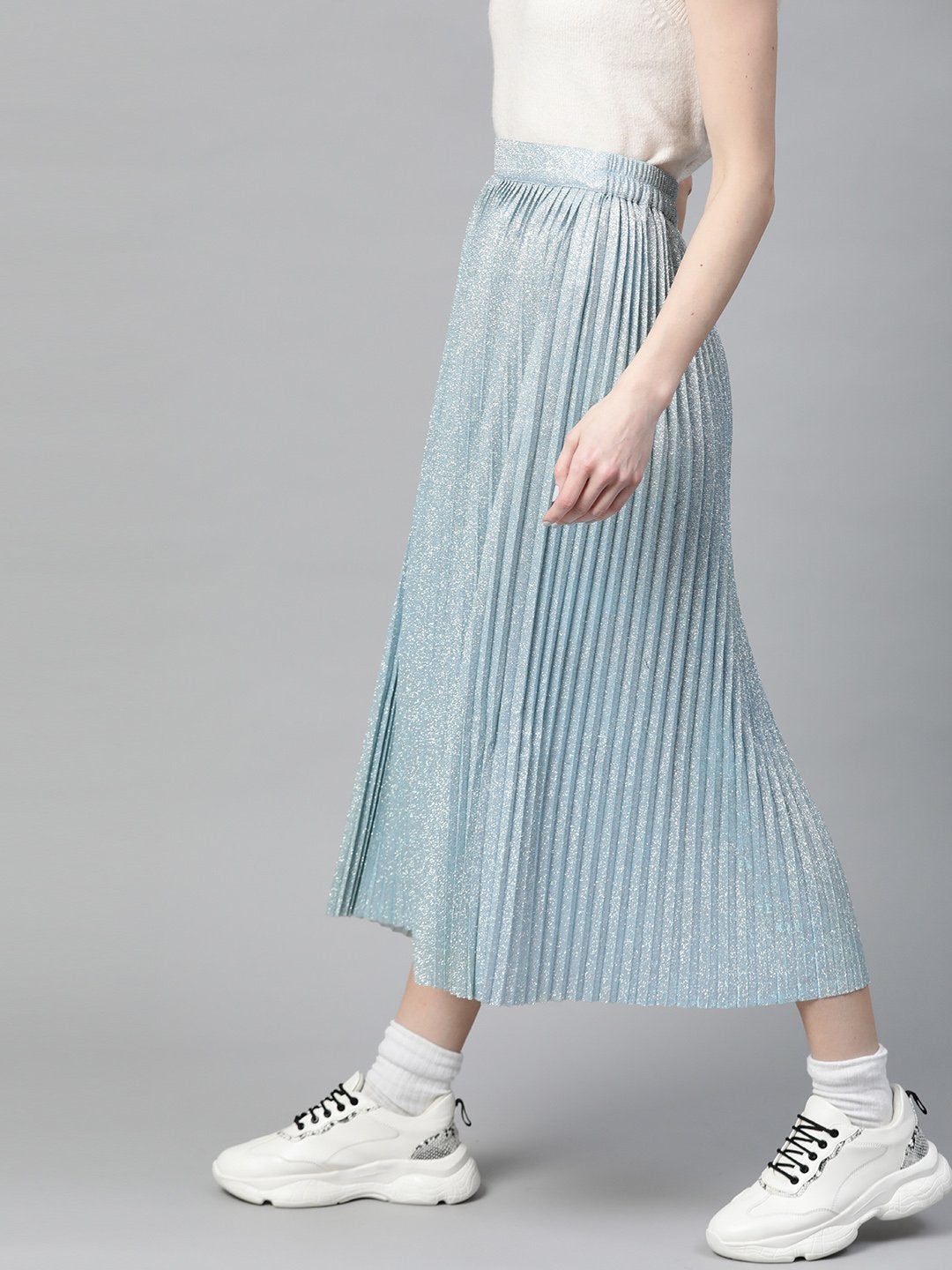 Women's Blue Lurex Pleated Midi Skirt - SASSAFRAS