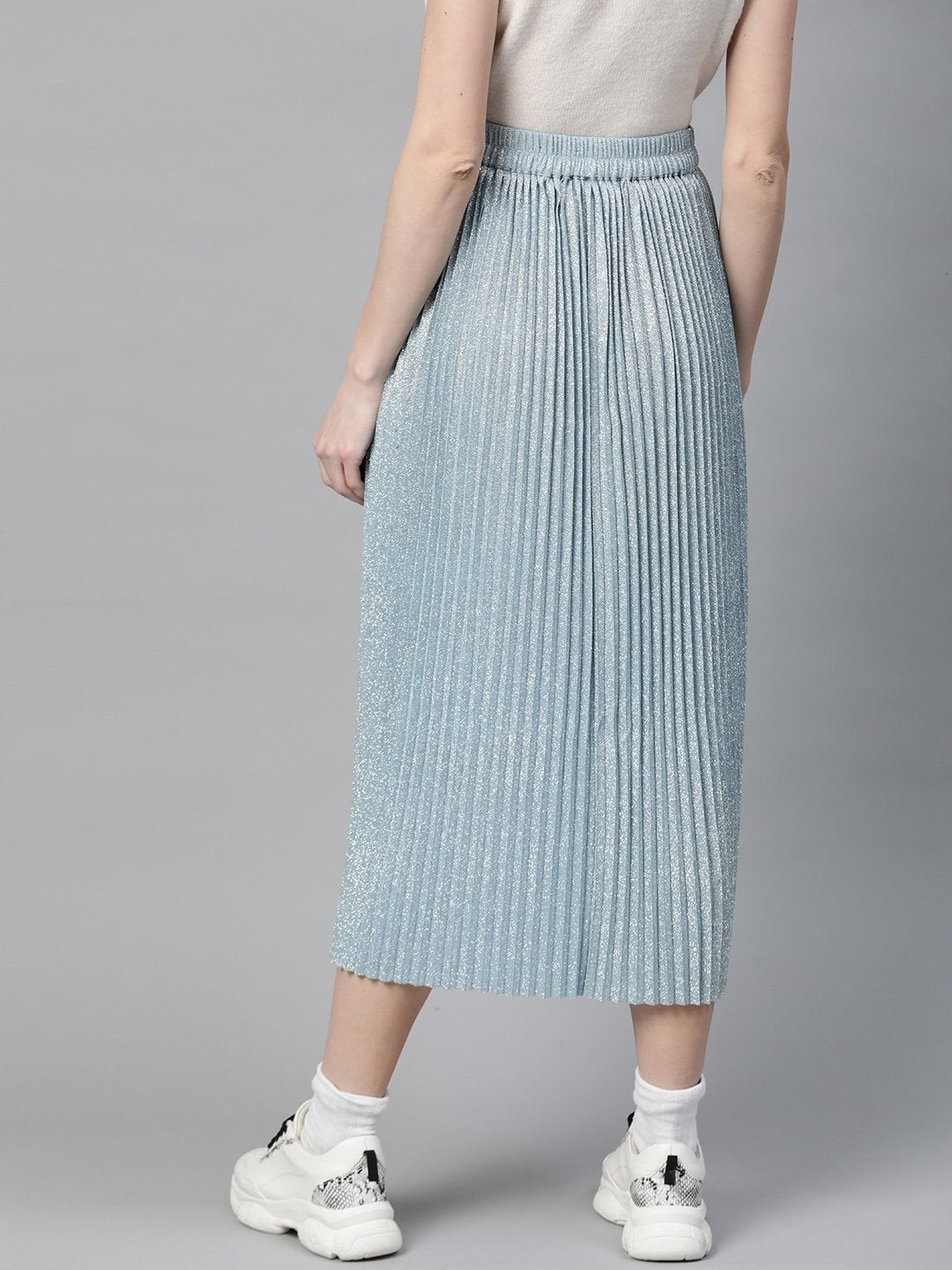 Women's Blue Lurex Pleated Midi Skirt - SASSAFRAS