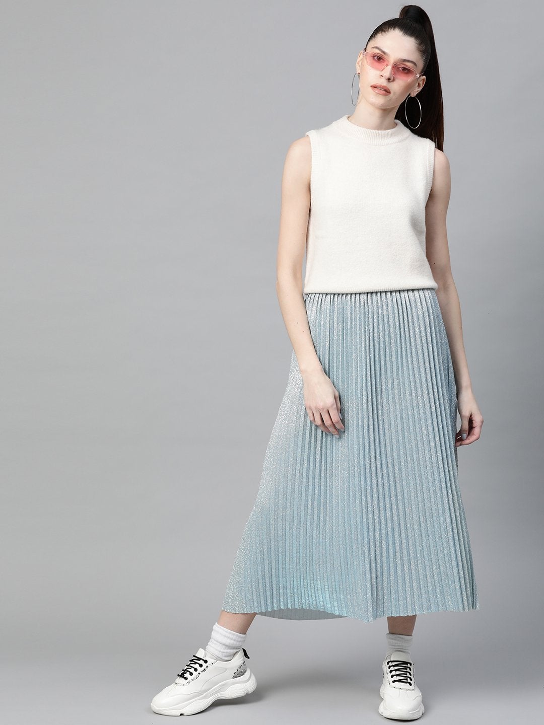 Women's Blue Lurex Pleated Midi Skirt - SASSAFRAS