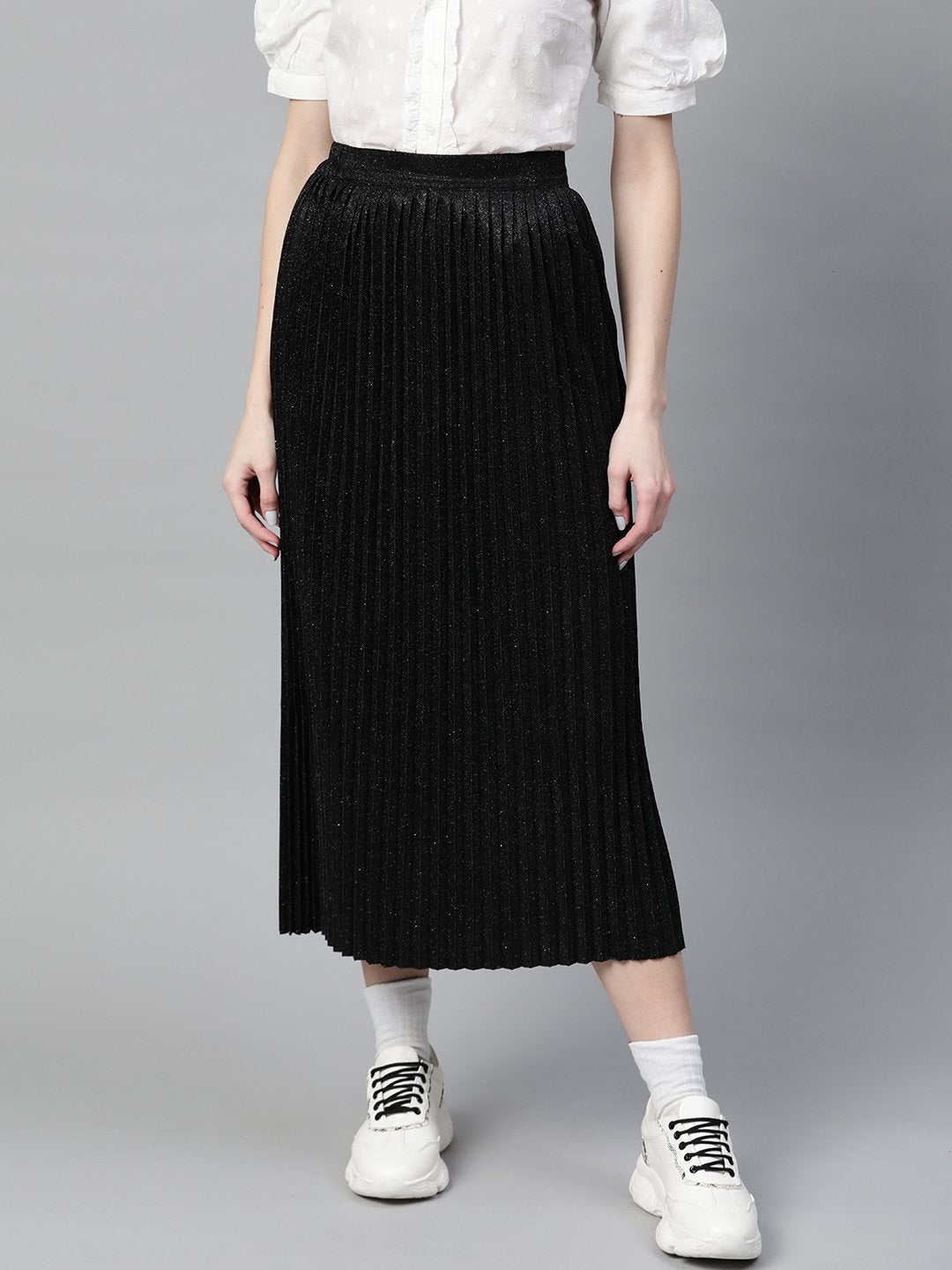 Women's Black Lurex Pleated Midi Skirt - SASSAFRAS