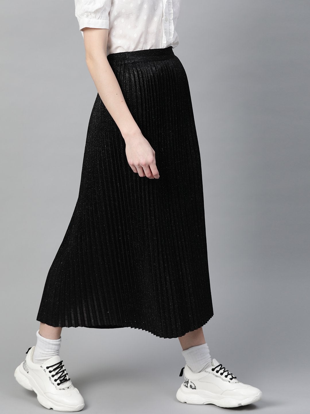 Women's Black Lurex Pleated Midi Skirt - SASSAFRAS