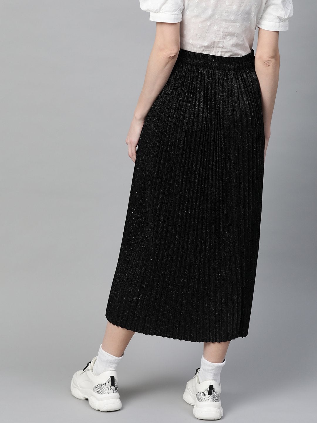 Women's Black Lurex Pleated Midi Skirt - SASSAFRAS