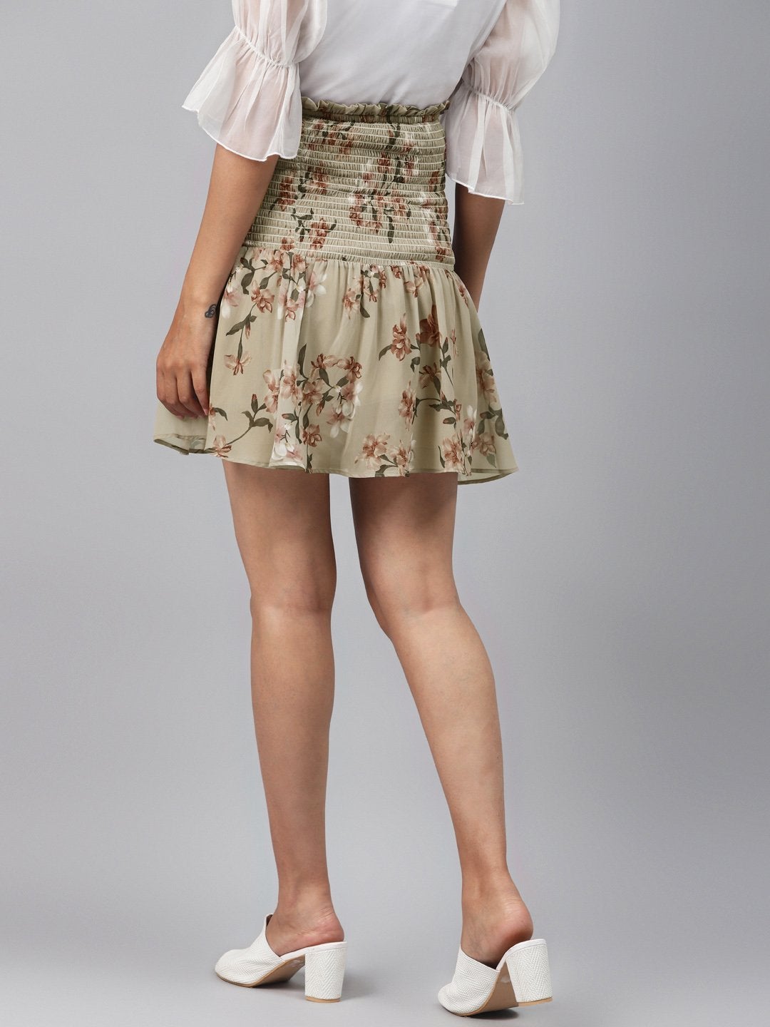 Women's Olive Floral Smocking Mini Skirt - SASSAFRAS