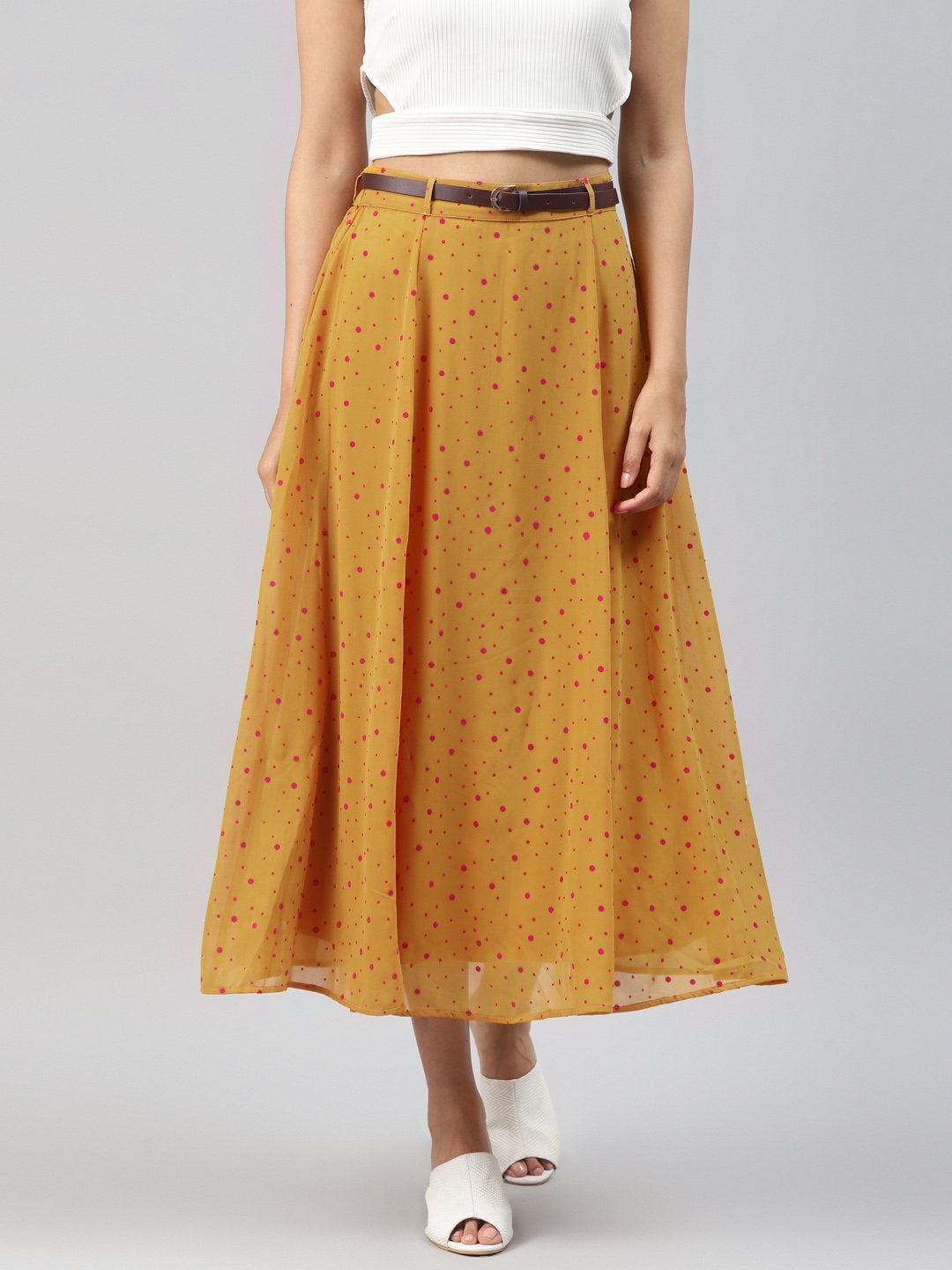 Women's Mustard Flock Print Flared Skirt - SASSAFRAS