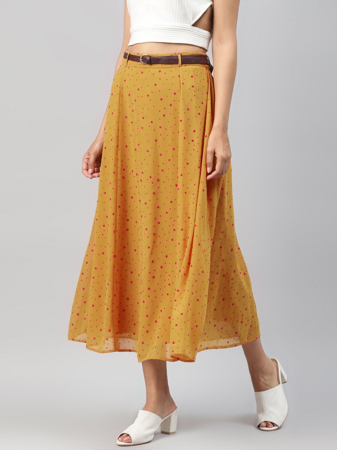 Women's Mustard Flock Print Flared Skirt - SASSAFRAS