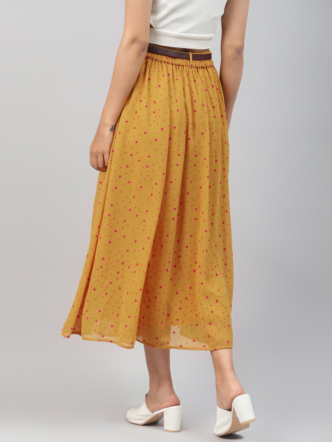 Women's Mustard Flock Print Flared Skirt - SASSAFRAS