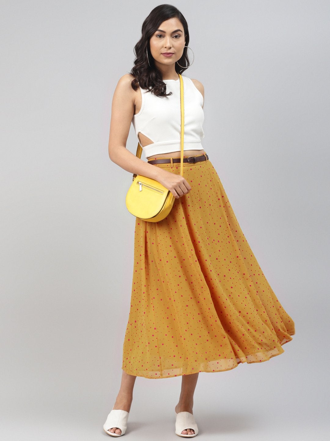 Women's Mustard Flock Print Flared Skirt - SASSAFRAS