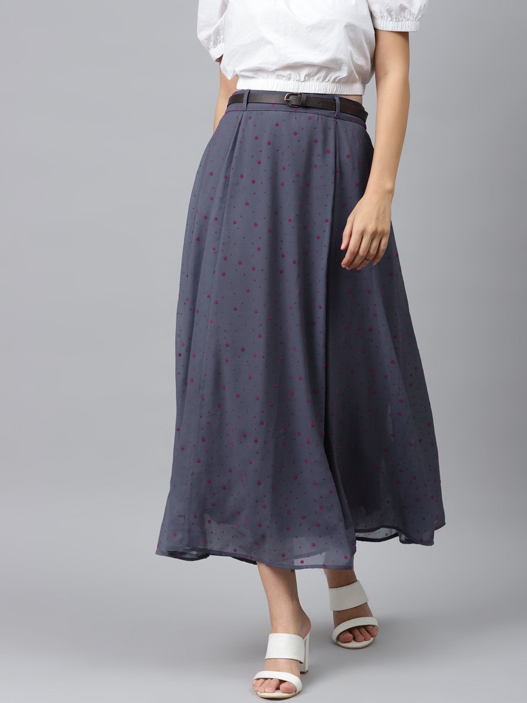 Women's Blue Flock Print Flared Skirt - SASSAFRAS