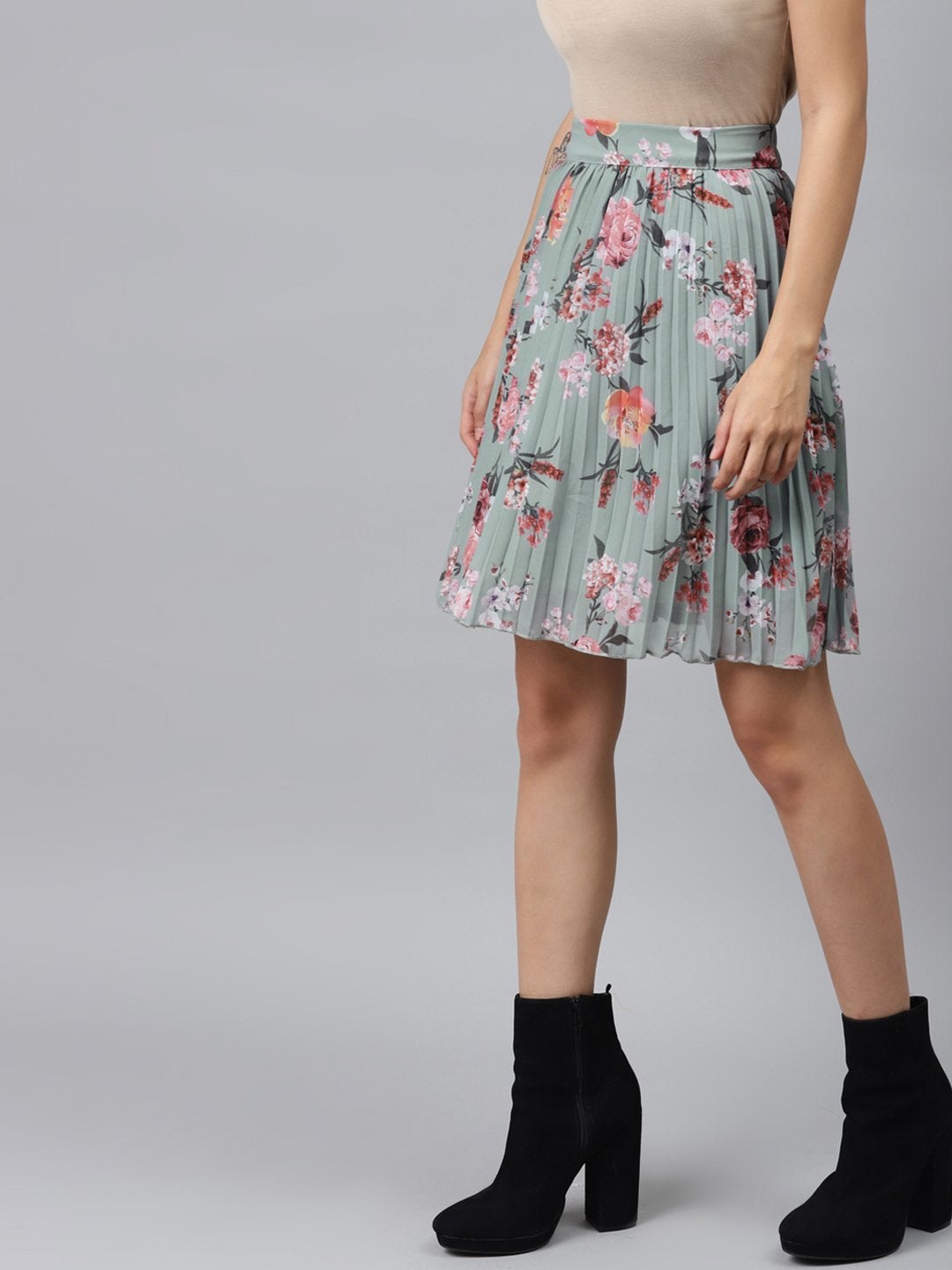 Women's Olive Floral Pleated Mini Skirt - SASSAFRAS