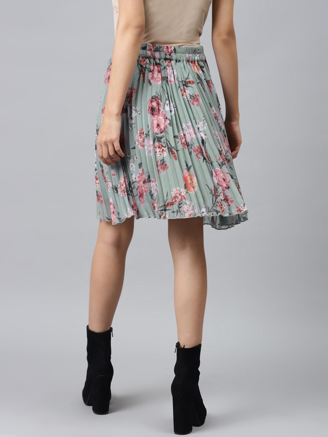 Women's Olive Floral Pleated Mini Skirt - SASSAFRAS