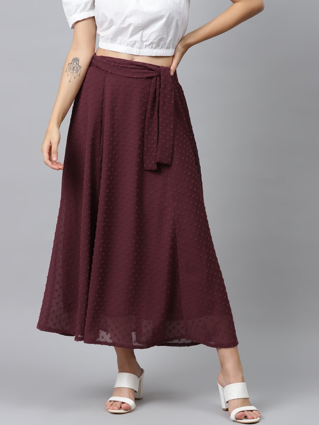 Women's Burgundy Dobby Flared Skirt - SASSAFRAS