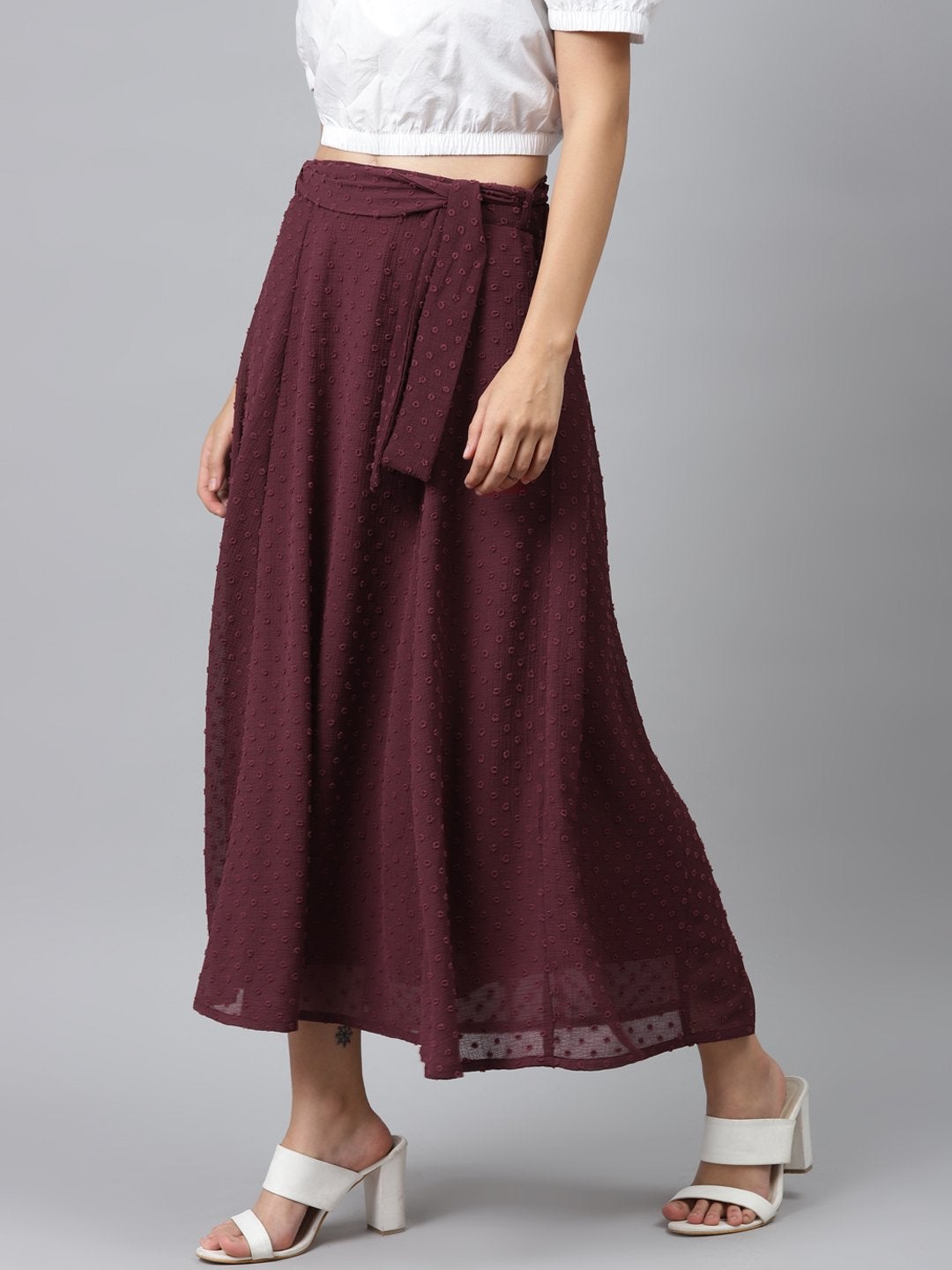 Women's Burgundy Dobby Flared Skirt - SASSAFRAS