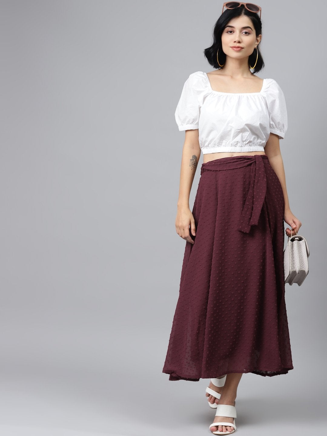 Women's Burgundy Dobby Flared Skirt - SASSAFRAS