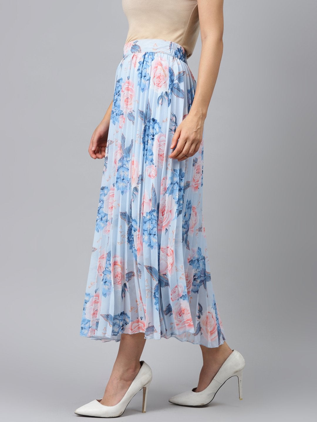 Women's Light Blue Floral Pleated Maxi Skirt - SASSAFRAS