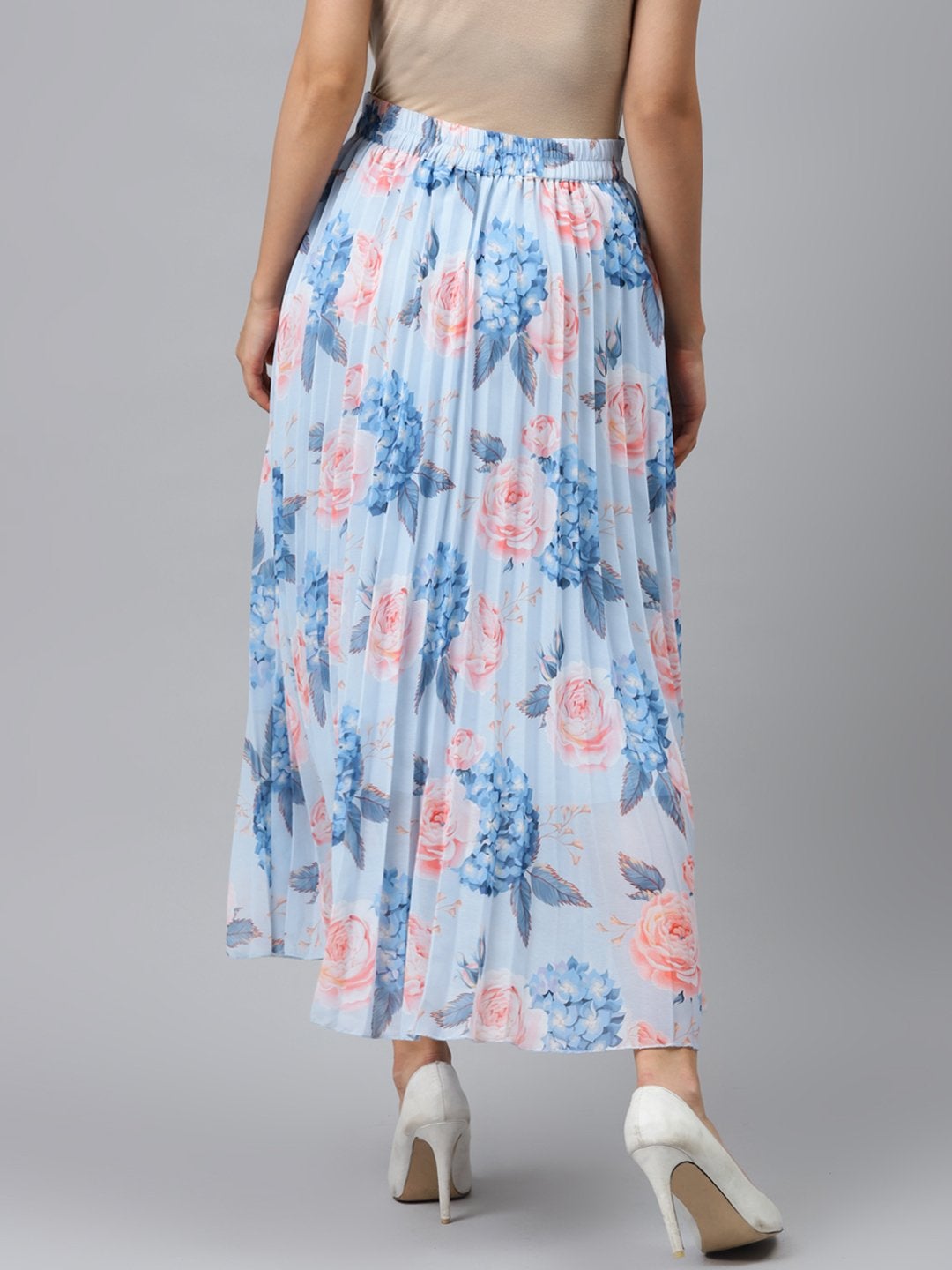 Women's Light Blue Floral Pleated Maxi Skirt - SASSAFRAS