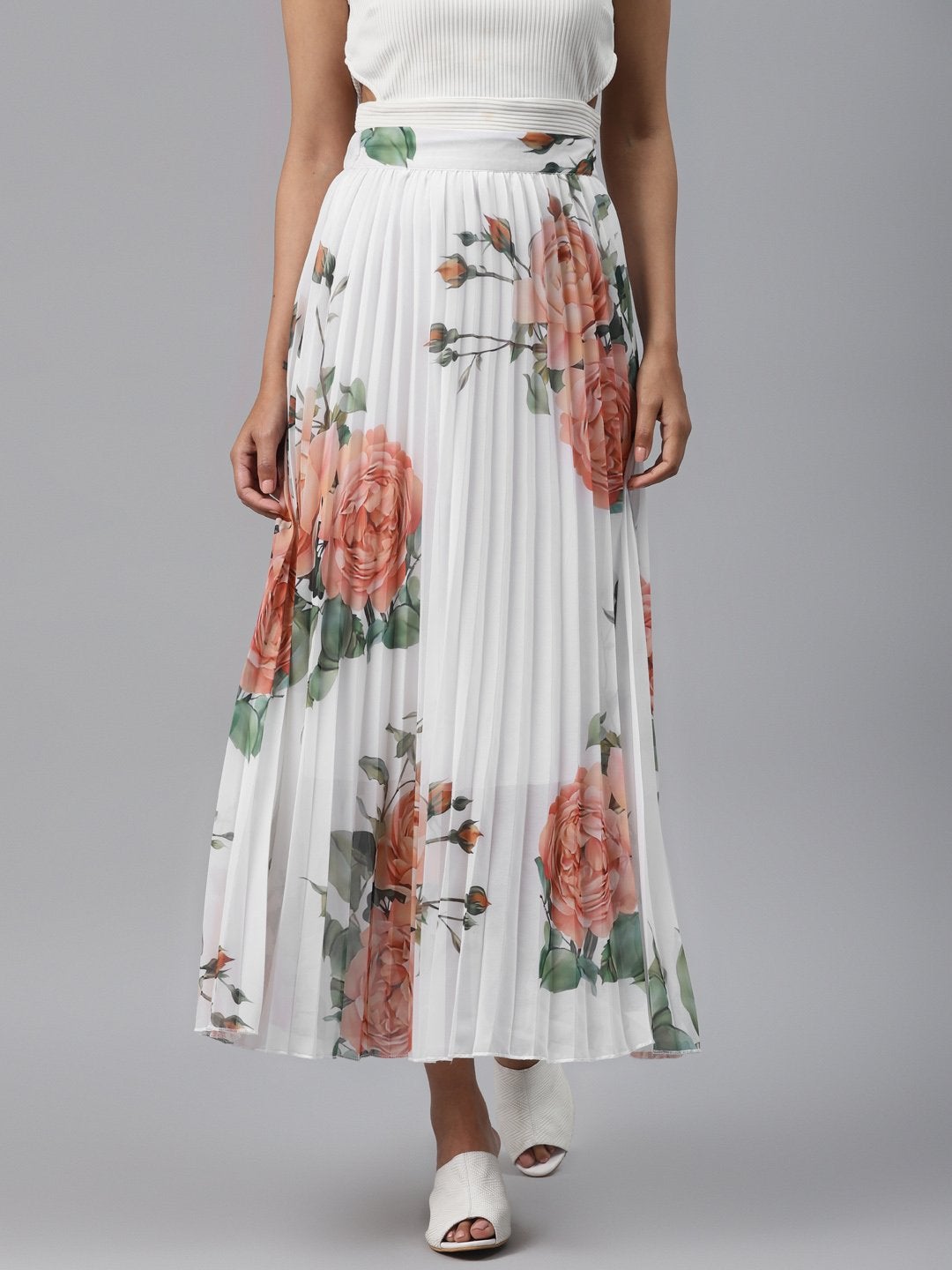 Women's White Floral Pleated Maxi Skirt - SASSAFRAS