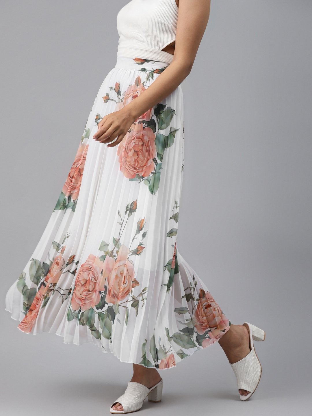 Women's White Floral Pleated Maxi Skirt - SASSAFRAS