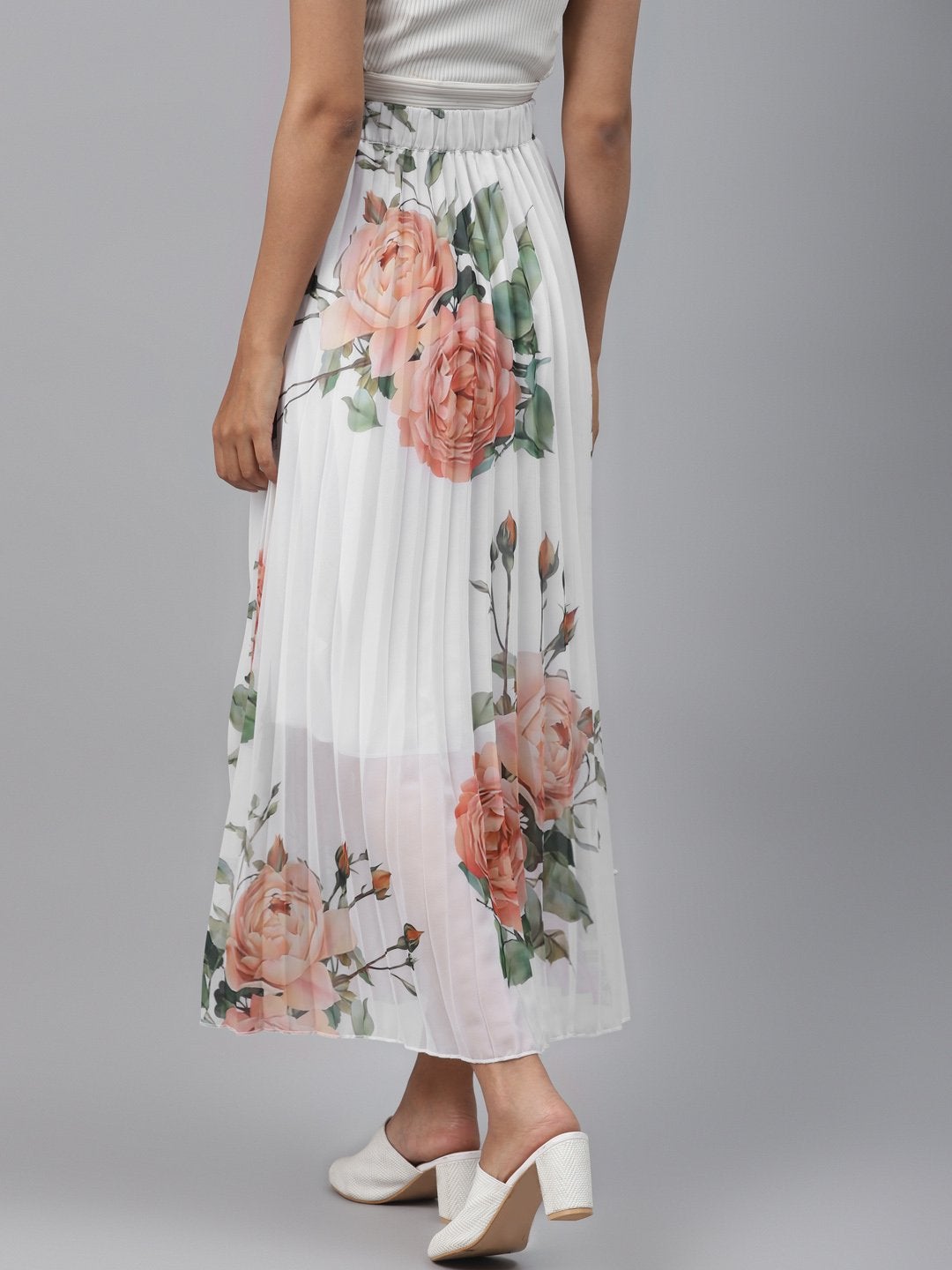 Women's White Floral Pleated Maxi Skirt - SASSAFRAS