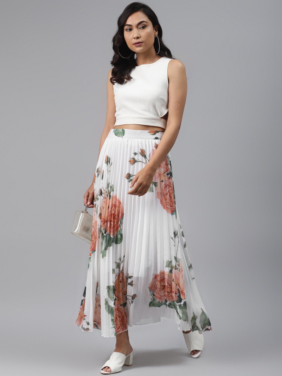 Women's White Floral Pleated Maxi Skirt - SASSAFRAS