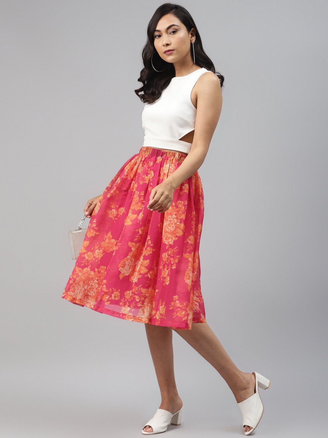 Women's Fuchsia Floral Gathered Skirt - SASSAFRAS