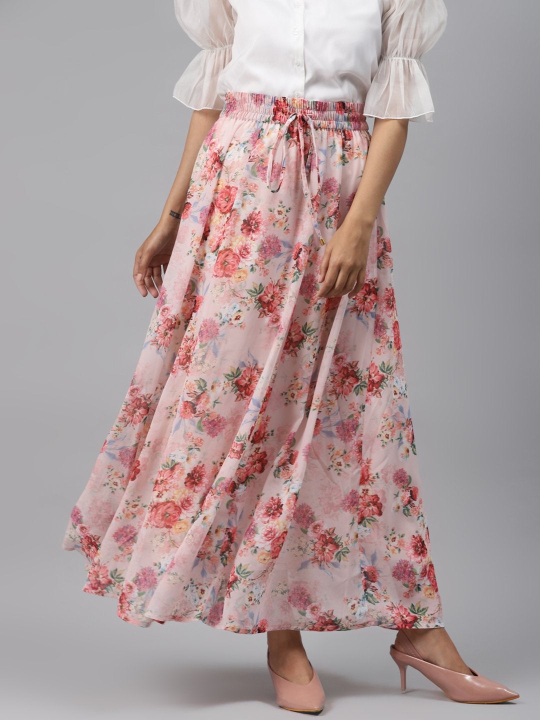 Women's Peach Floral Flared Maxi Skirt - SASSAFRAS