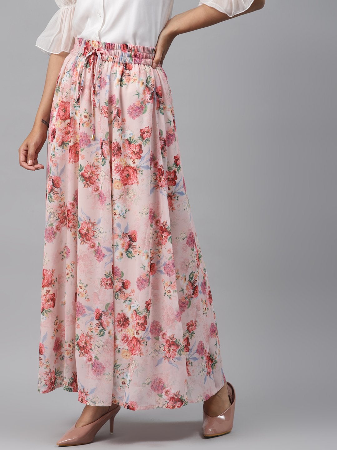 Women's Peach Floral Flared Maxi Skirt - SASSAFRAS