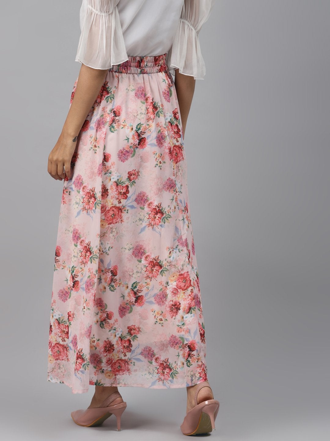 Women's Peach Floral Flared Maxi Skirt - SASSAFRAS