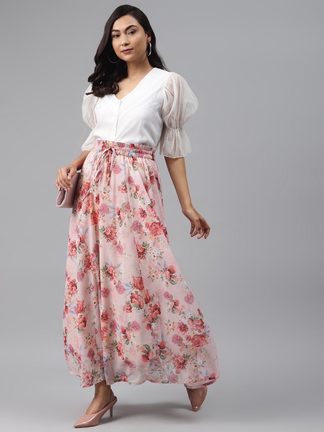 Women's Peach Floral Flared Maxi Skirt - SASSAFRAS